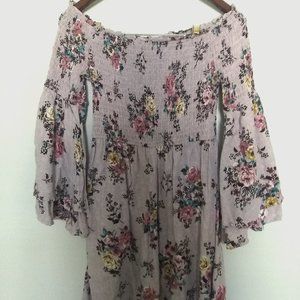 NWOT Blue Rain Purple Floral Off Shoulder Bell Sleeves Mini Size Medium Dress